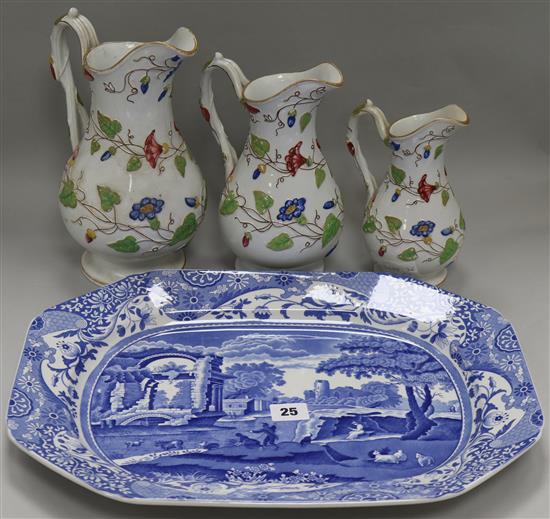 Three graduated jugs and a Spode Italian platter